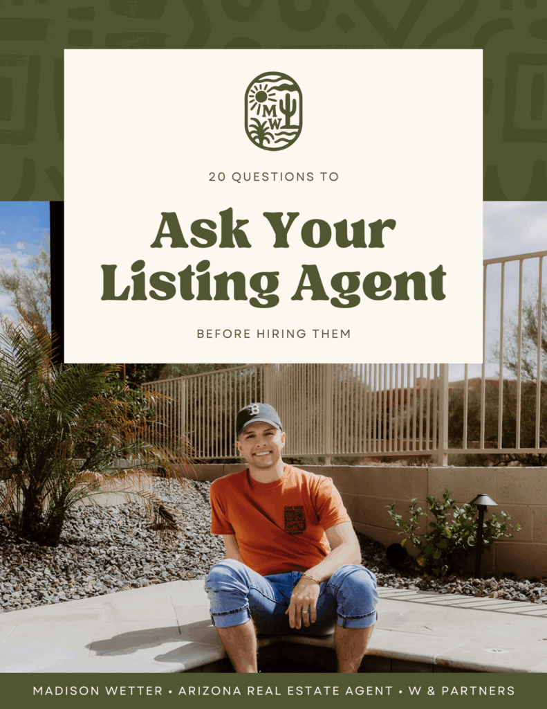 Madison Wetter, Arizona real estate agent with W & Partners, sitting outdoors promoting guide on 20 questions to ask your listing agent before hiring