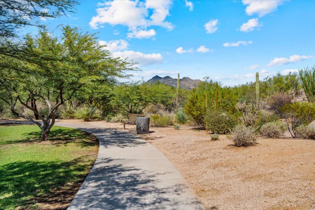 Walking trail with bench and desert landscaping in Lone Mountain community Cave Creek AZ